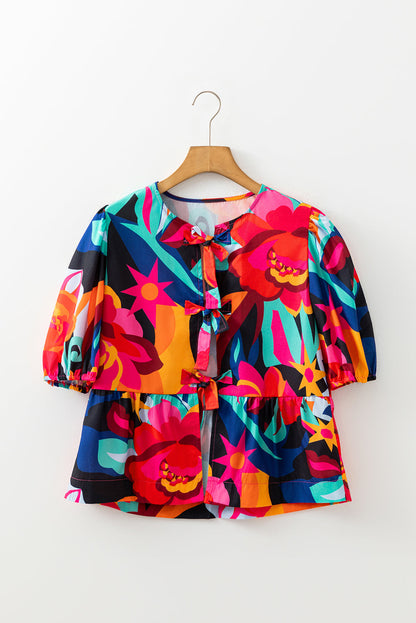 Floral Abstract Front Tie Puff Sleeve Blouse
