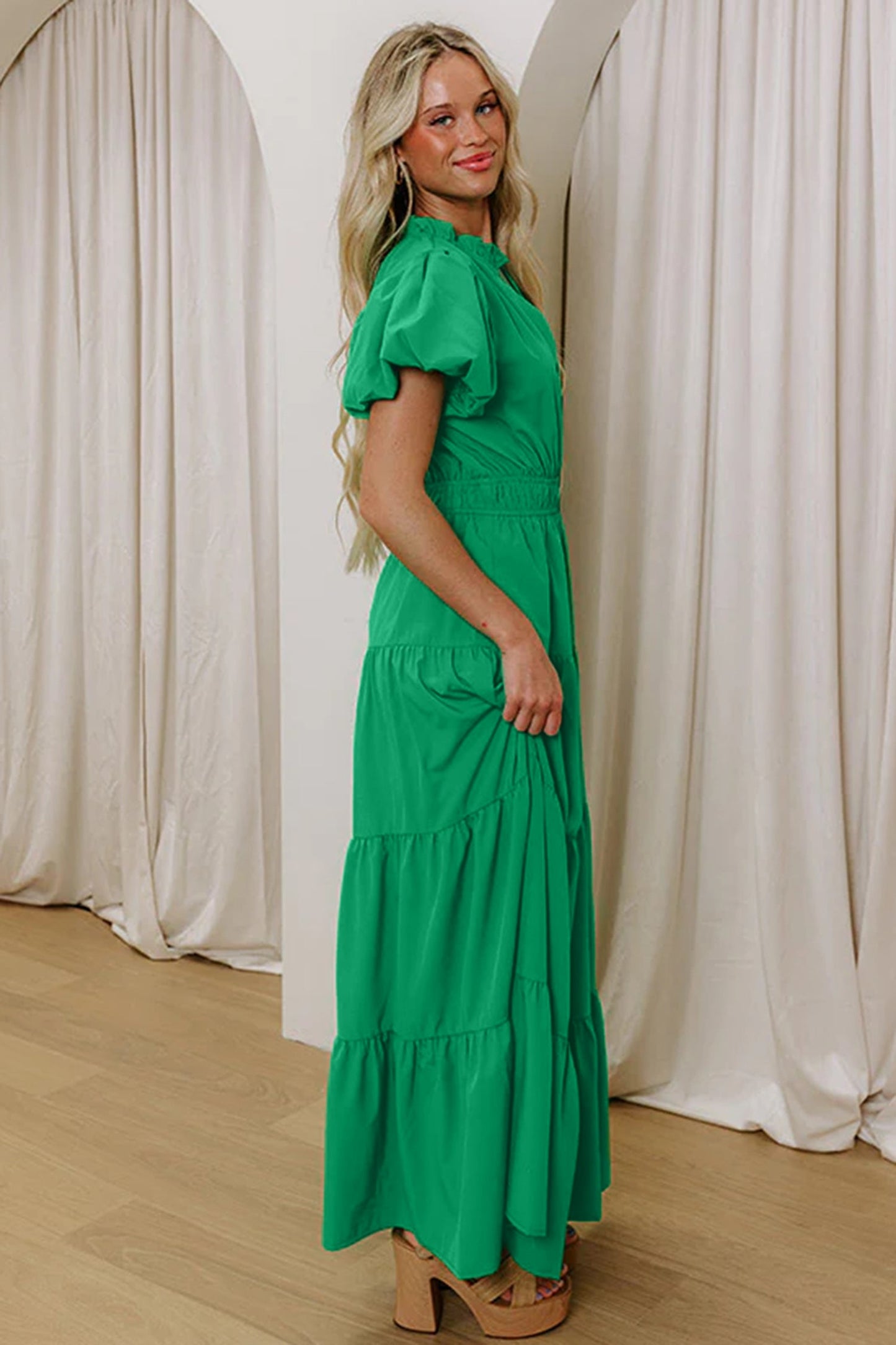 Solid V-Neck Short Puff Sleeve Tiered Maxi Dress