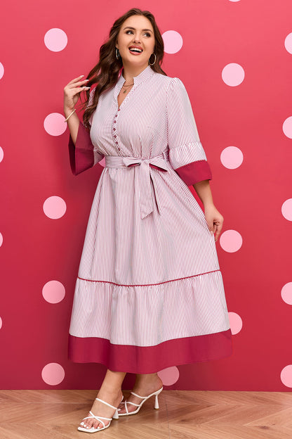 Plus Size Pinstripe Ruffle Hem Midi Dress