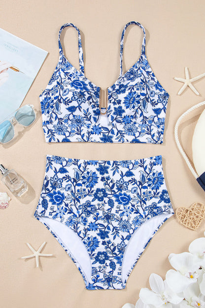 Floral Notched Neck Top & High Waist Bikini Set