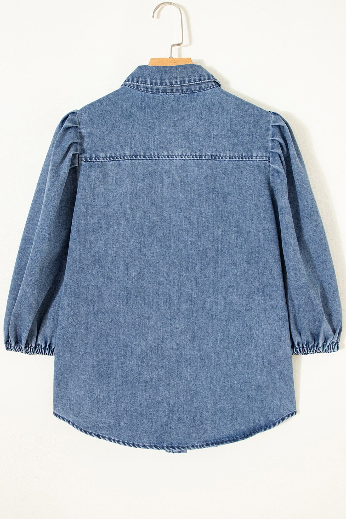 Solid Denim 3/4 Puff Sleeve Collared Shirt