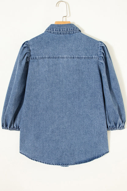 Solid Denim 3/4 Puff Sleeve Collared Shirt