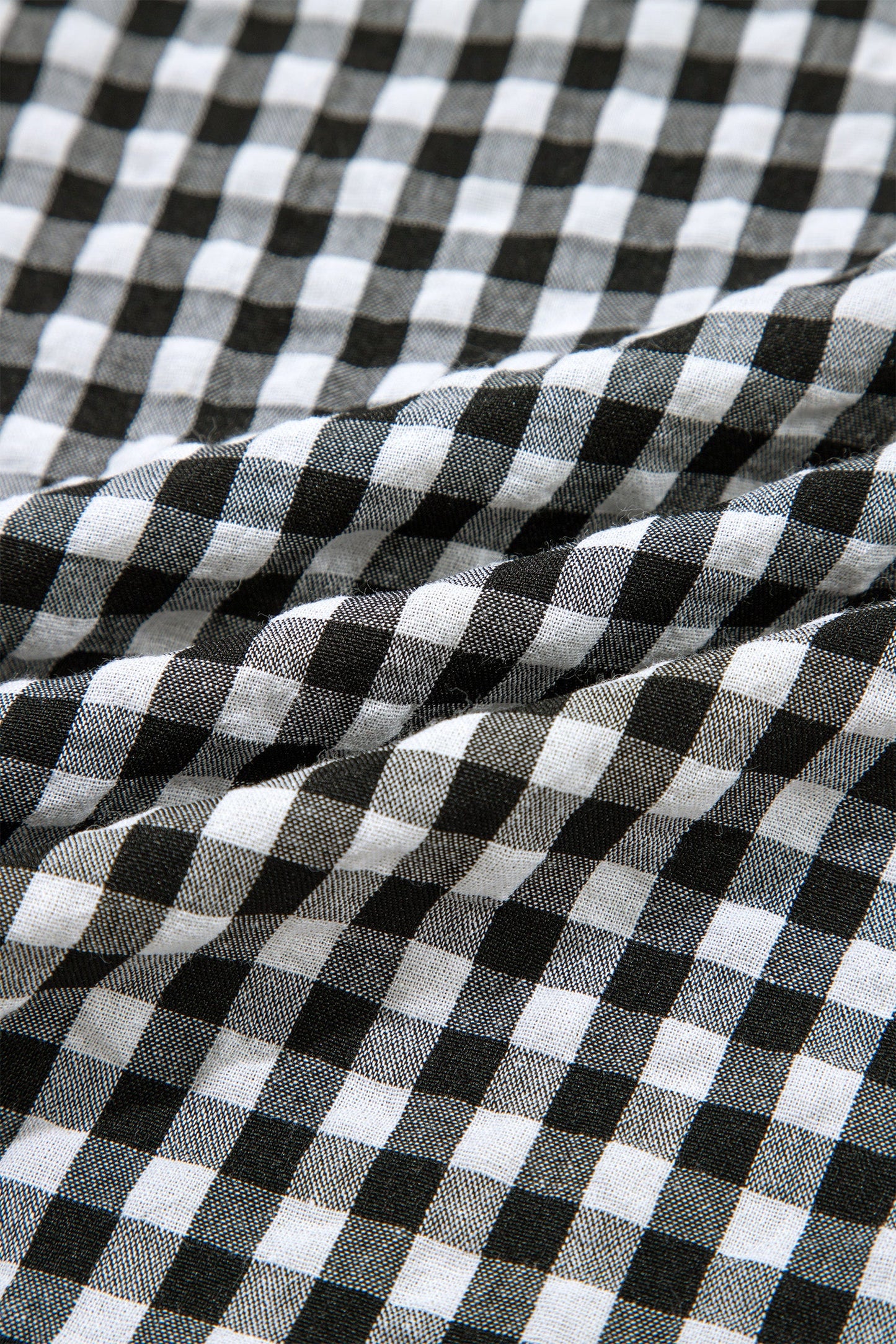 Gingham Plaid Puff Sleeve Frilled Neck Blouse