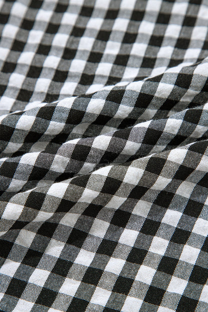 Gingham Plaid Puff Sleeve Frilled Neck Blouse