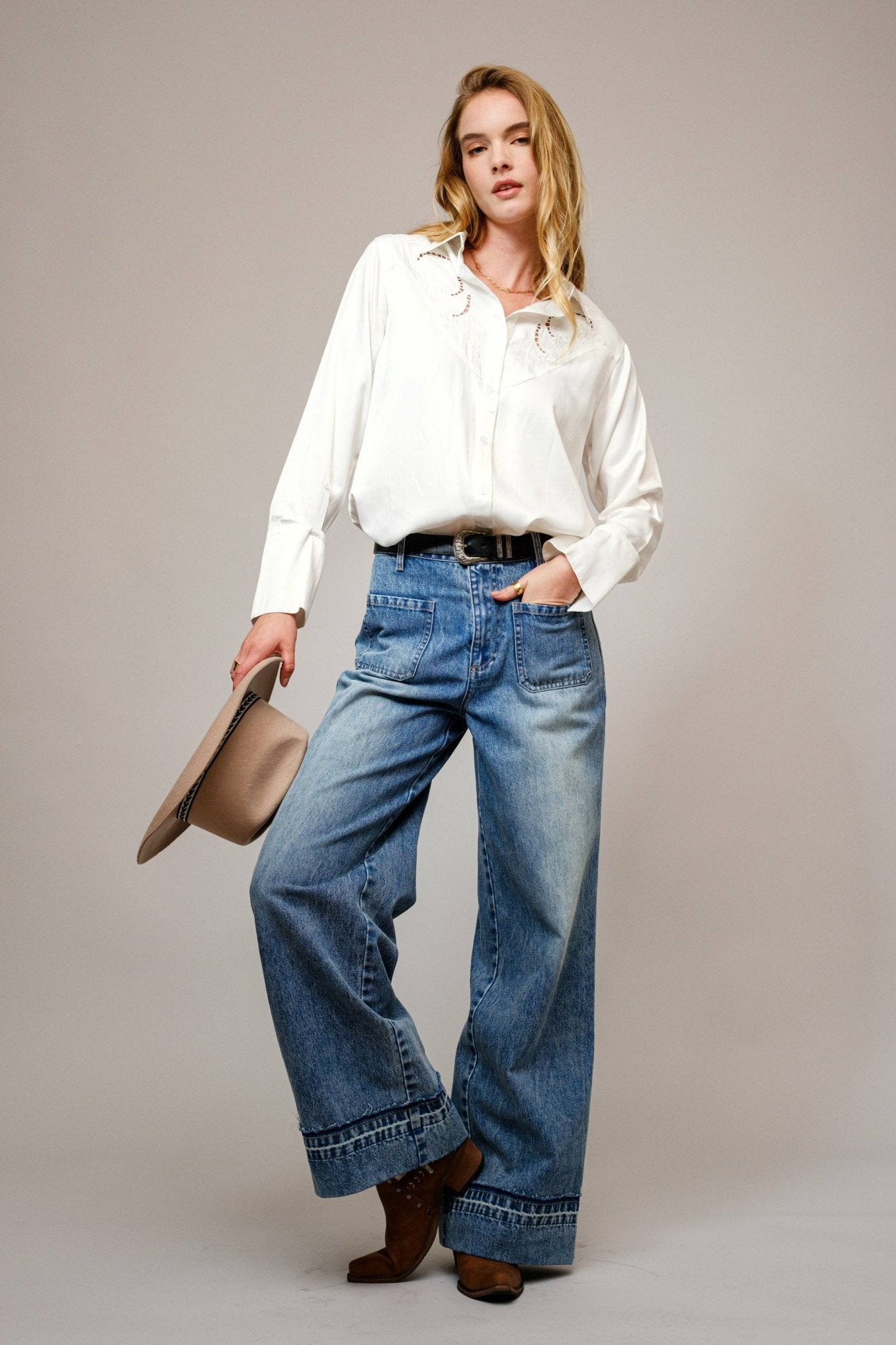 Blue B Embroidered Western Yoke Button-Up Blouse — Lightweight Matte Satin with Cutout Details
