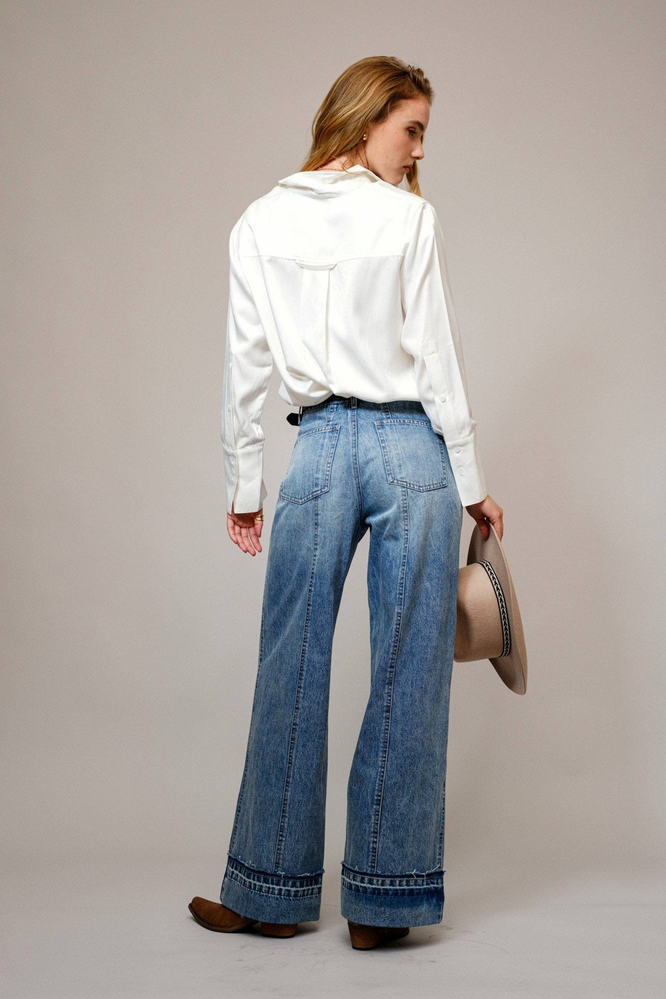 Blue B Embroidered Western Yoke Button-Up Blouse — Lightweight Matte Satin with Cutout Details