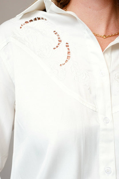 Blue B Embroidered Western Yoke Button-Up Blouse — Lightweight Matte Satin with Cutout Details