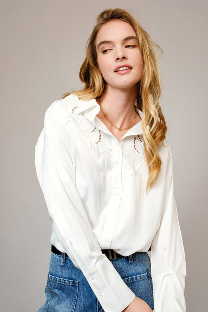 Blue B Embroidered Western Yoke Button-Up Blouse — Lightweight Matte Satin with Cutout Details