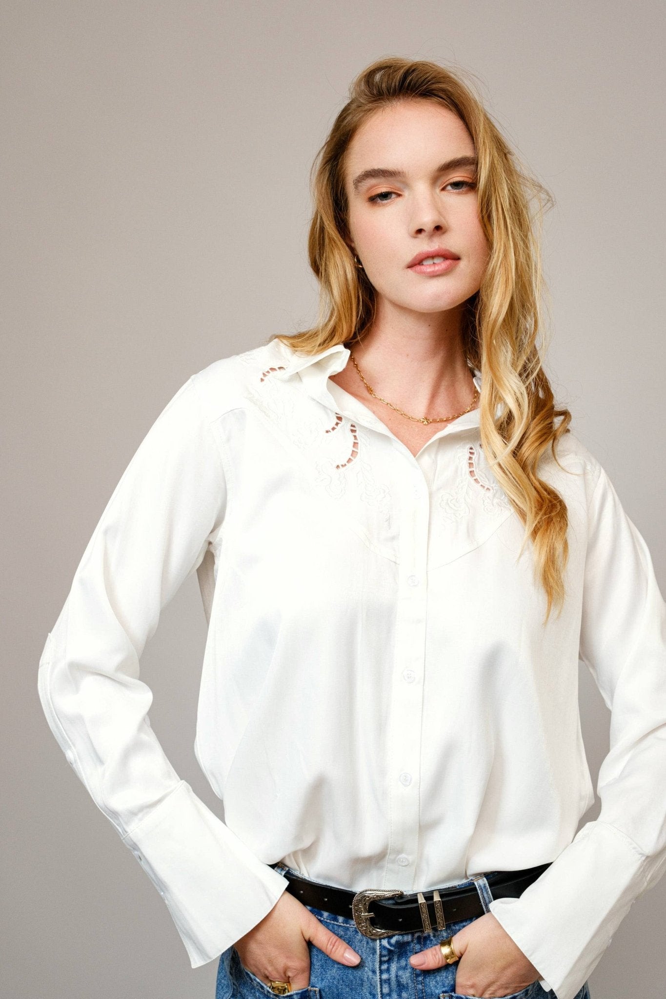 Blue B Embroidered Western Yoke Button-Up Blouse — Lightweight Matte Satin with Cutout Details
