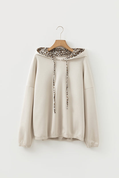 Leopard Contrast Drawstring Hood Drop Shoulder Top