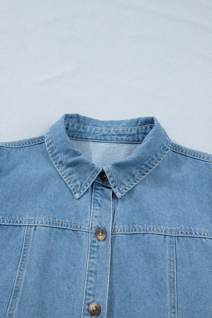Denim Short Puff Sleeve Ruffle Hem Buttoned Dress