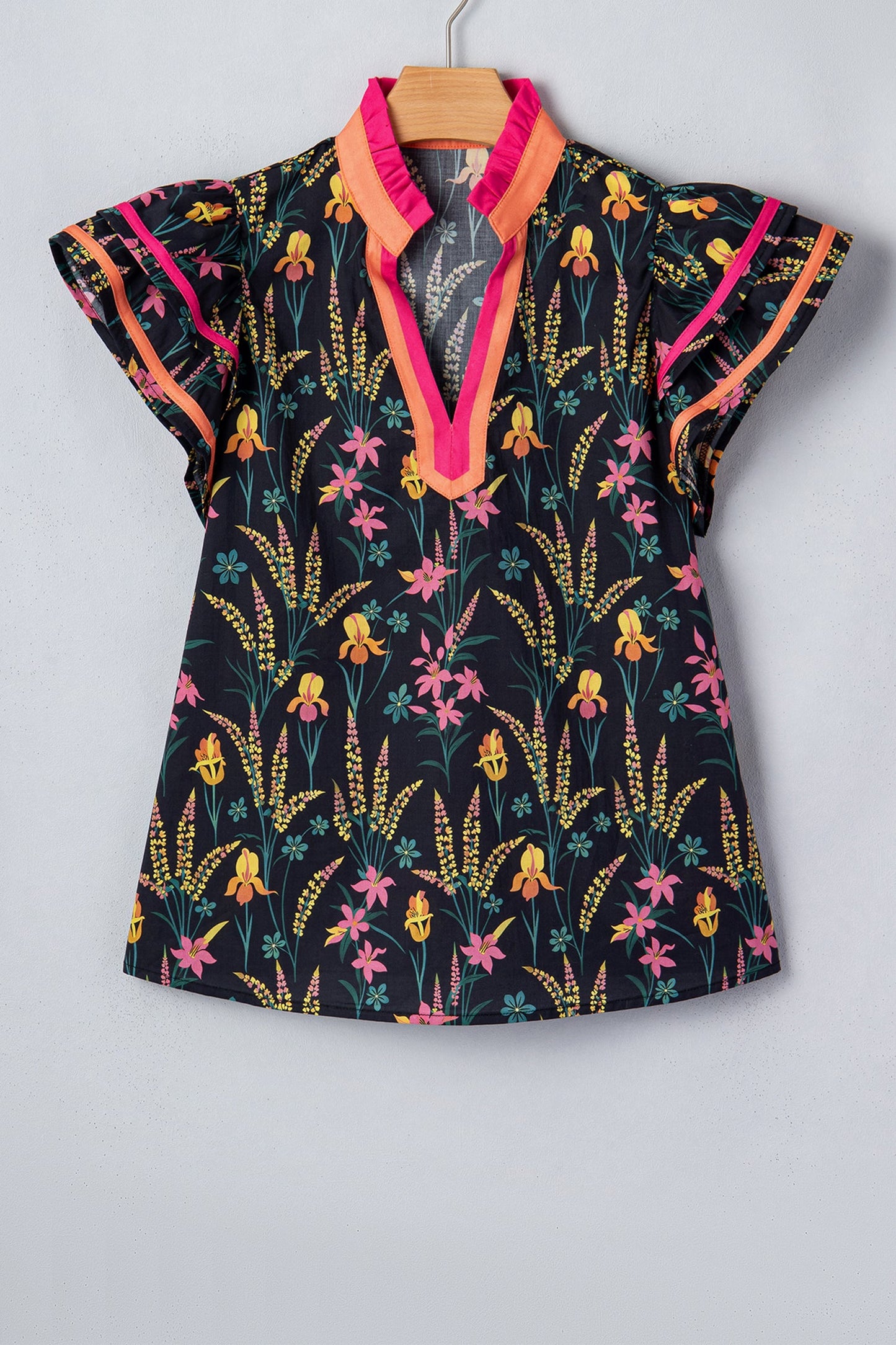 Floral Contrast Trim Tiered Ruffle Short Sleeve Blouse