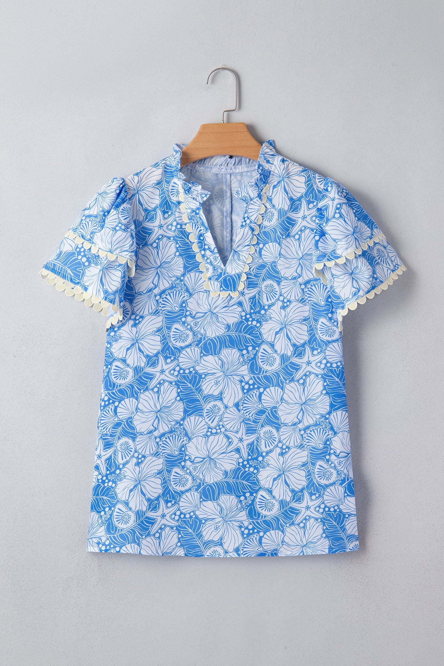Oceanic Floral Scalloped Trim V-Neck Short Sleeve Blouse