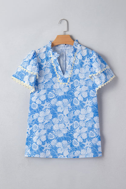 Oceanic Floral Scalloped Trim V-Neck Short Sleeve Blouse