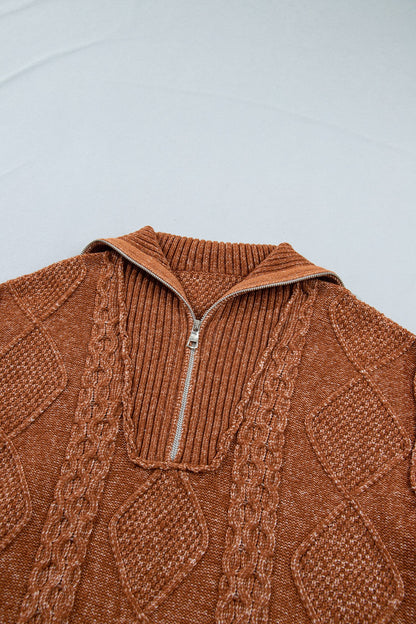 Solid Cable Knit Zip-Up Collar Long Sleeve Sweater Dress