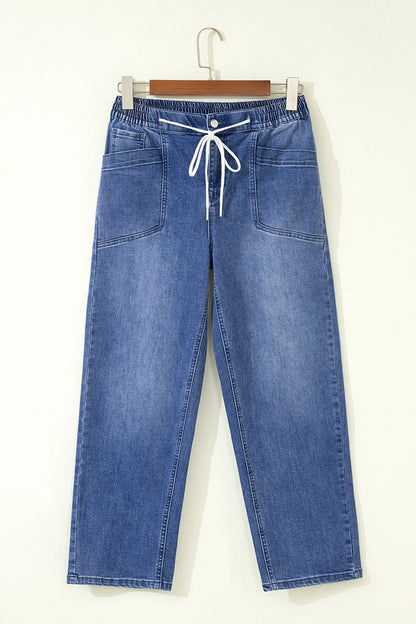 Denim Drawstring Waist Ankle Length Pants w/ Pockets
