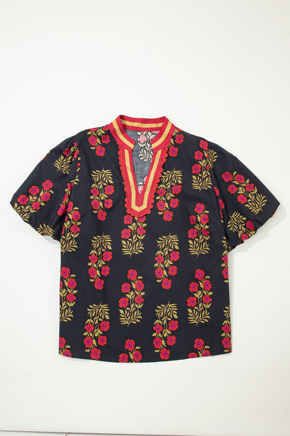 Plus Size Floral Ricrac Trim Short Sleeve Blouse