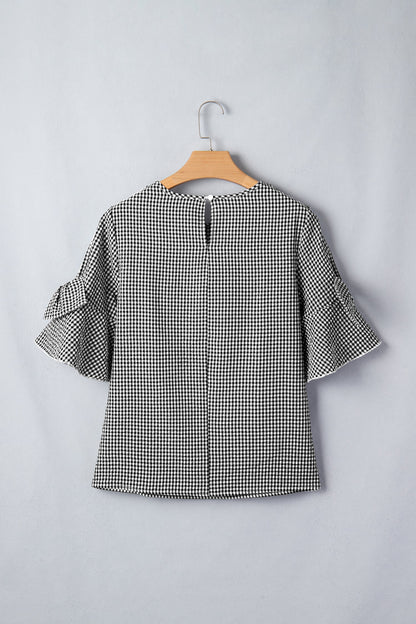 Gingham Plaid Bow Ruffle 3/4 Sleeve Blouse