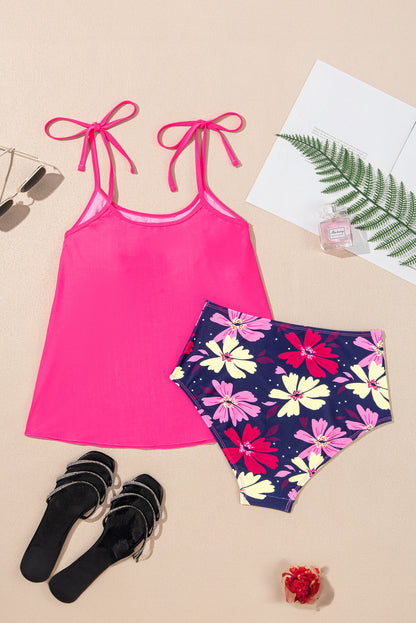 Solid Tie Strap Top & Floral Bottom Tankini Set