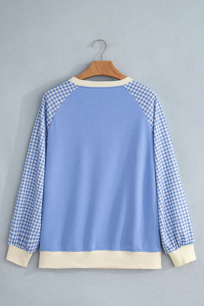Gingham Colorblock Long Sleeve Raglan Pullover Sweatshirt