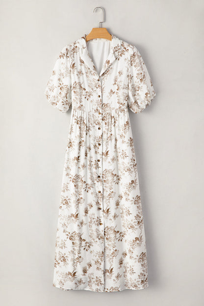 Floral Puff Sleeve V-Neck Buttoned Front Dress
