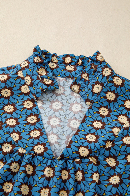 Floral Frilled V-Neck Pleated Puff Sleeve Blouse