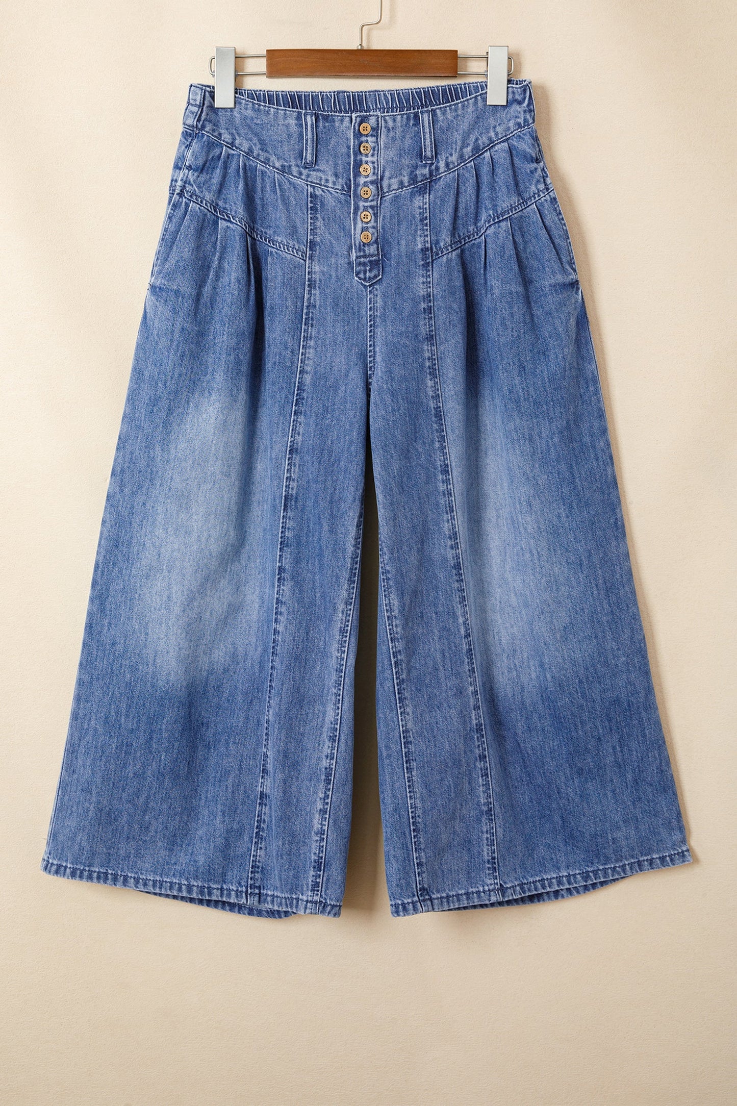 Denim Pleated High Rise Cropped Wide Leg Pants