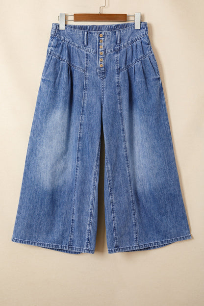 Denim Pleated High Rise Cropped Wide Leg Pants