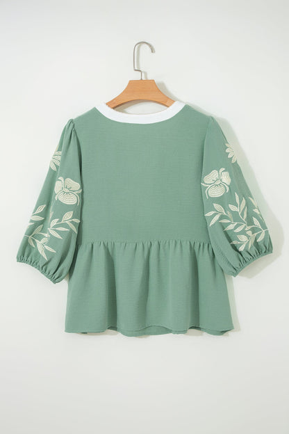 Floral Embroidered Colorblock Puff Sleeve Babydoll Blouse