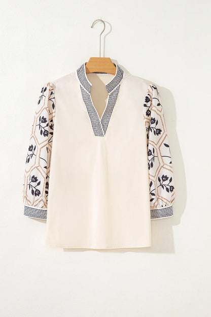 Floral Patchwork Contrast V-Neck Puff Sleeve Blouse