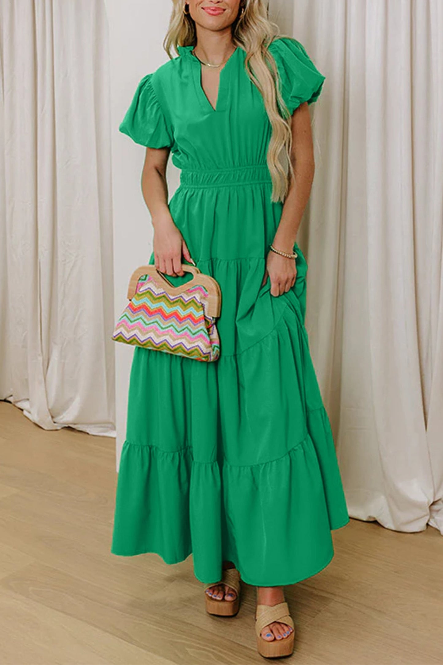 Solid V-Neck Short Puff Sleeve Tiered Maxi Dress