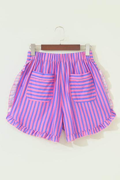 Stripe Ruffle Trim Elastic Waist Shorts