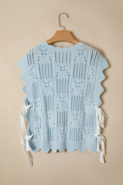 Pointelle Knit Scallop Trim Short Sleeve Sweater