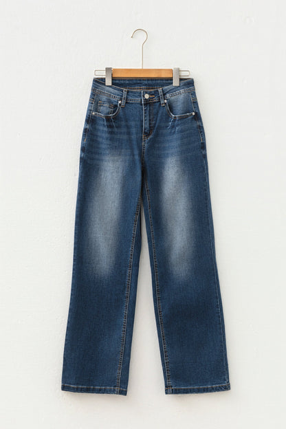 Acid Washed Straight Leg Full Length Jeans