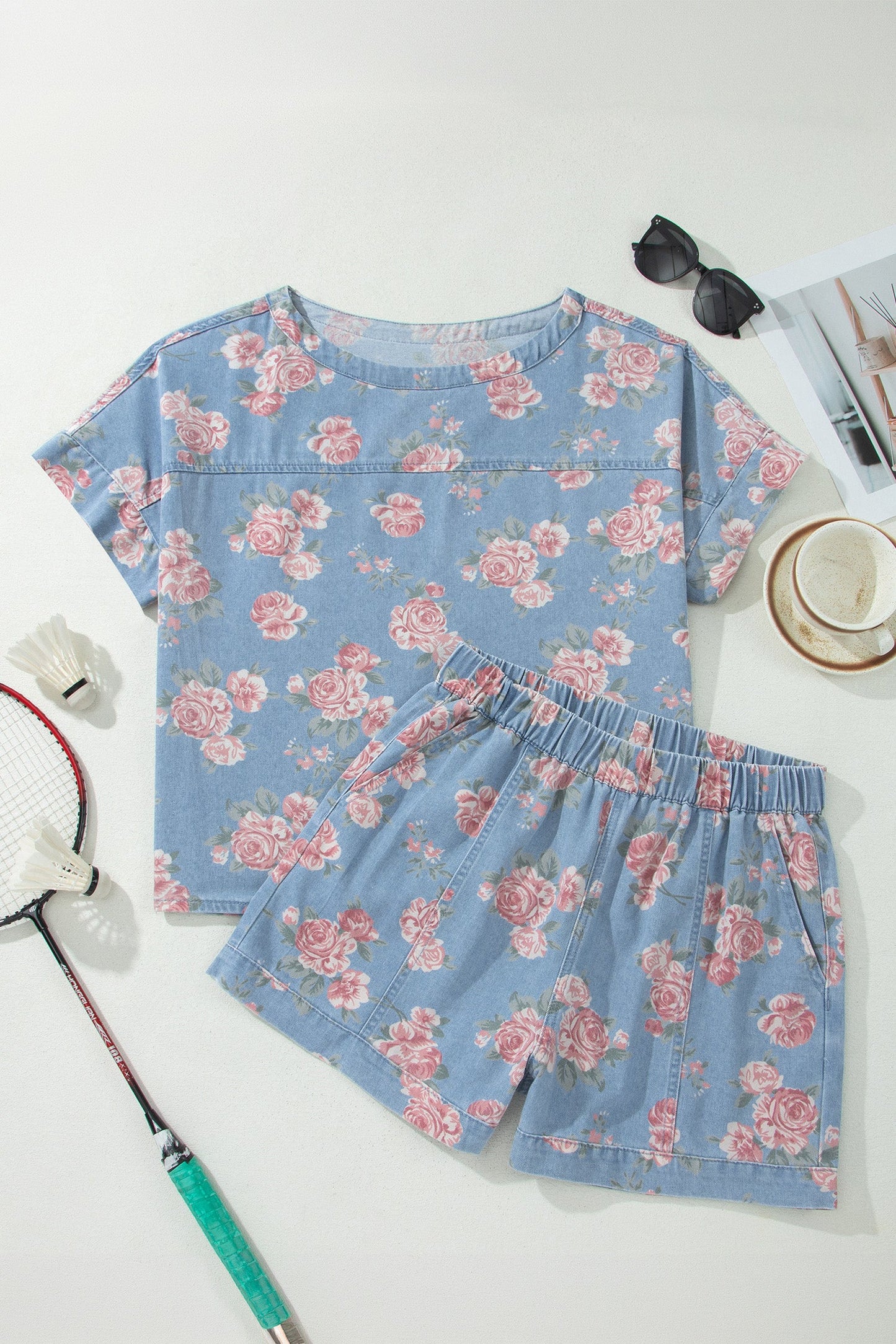 Floral Denim Short Sleeve Top & Loose Shorts Set