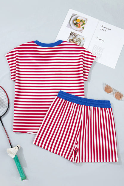 Stripe Colorblock V-Neck Tee & Drawstring Short Set
