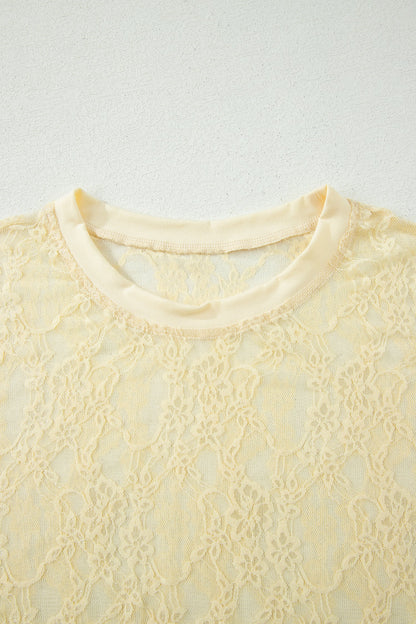 Solid Sheer Lace Short Sleeve Boxy Tee