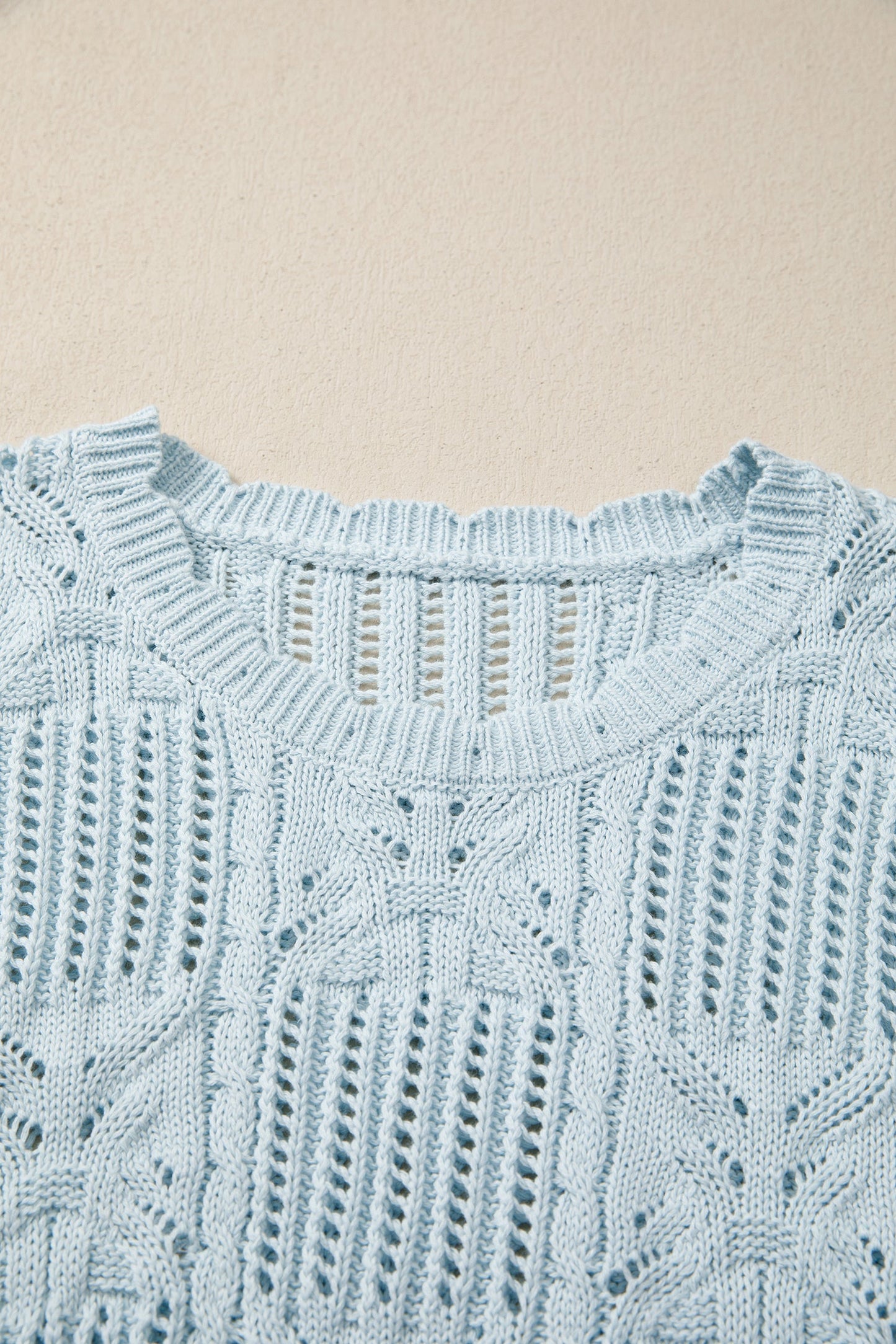 Pointelle Knit Scallop Trim Short Sleeve Sweater