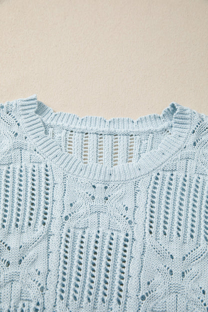 Pointelle Knit Scallop Trim Short Sleeve Sweater