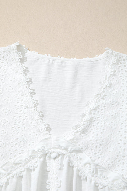 Solid Floral Guipure Lace Frilled Long Sleeve Blouse