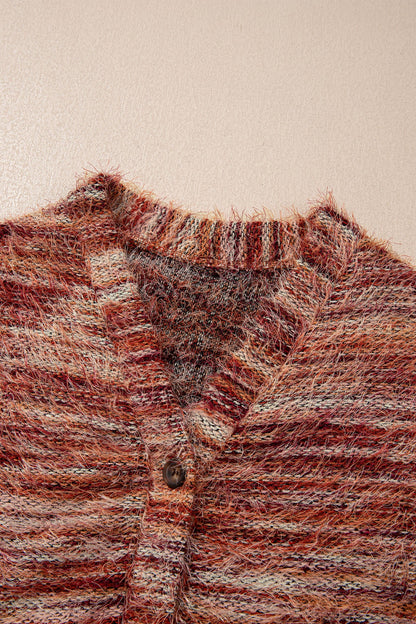 Stripe Fuzzy Button Front Cardigan Sweater