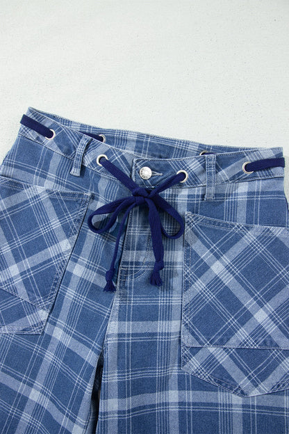Denim Plaid Grommet Drawstring Waist Jeans