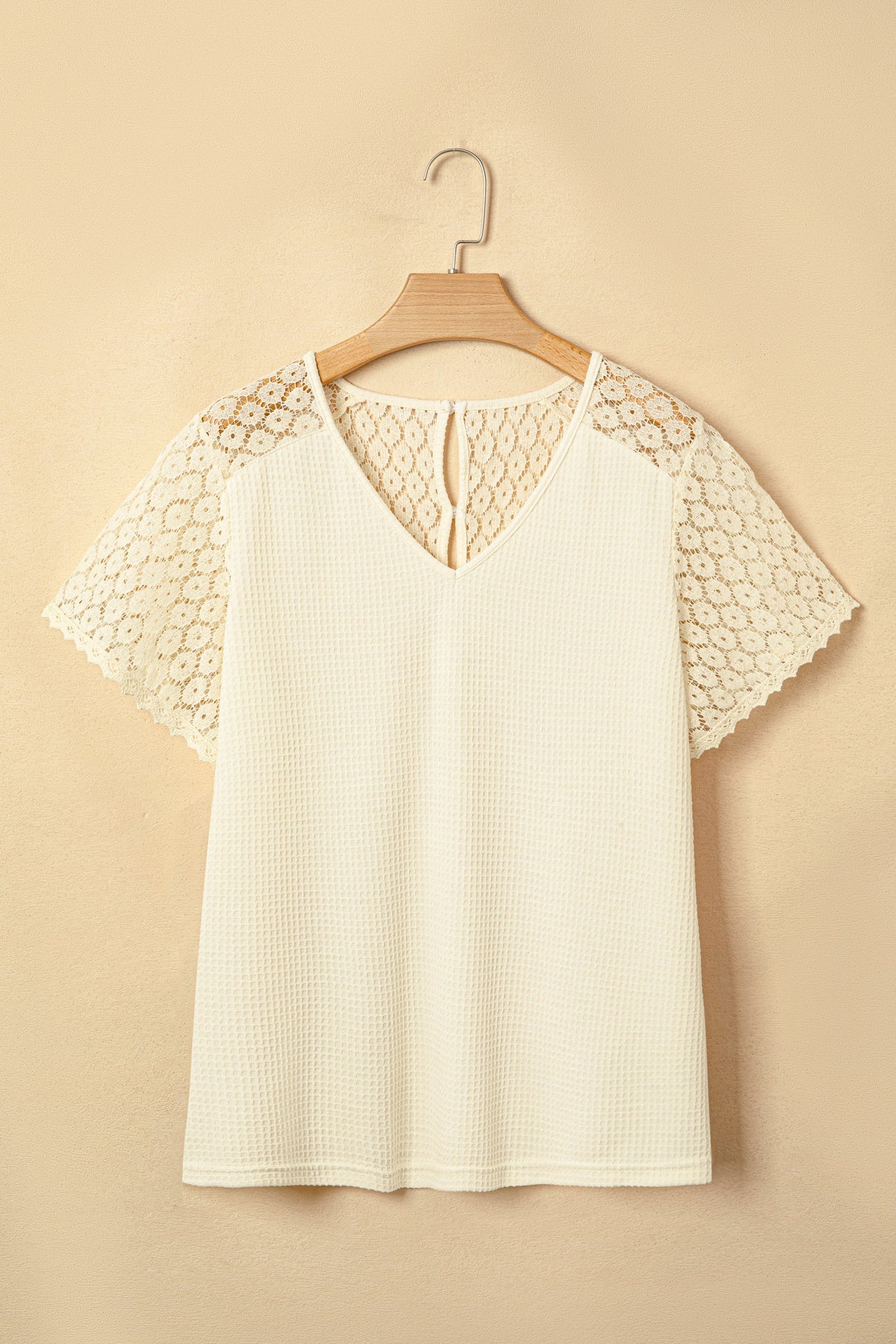 Lace Patchwork Buttoned Cutout Waffle Knit Blouse