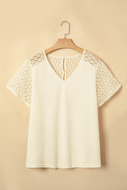 Lace Patchwork Buttoned Cutout Waffle Knit Blouse