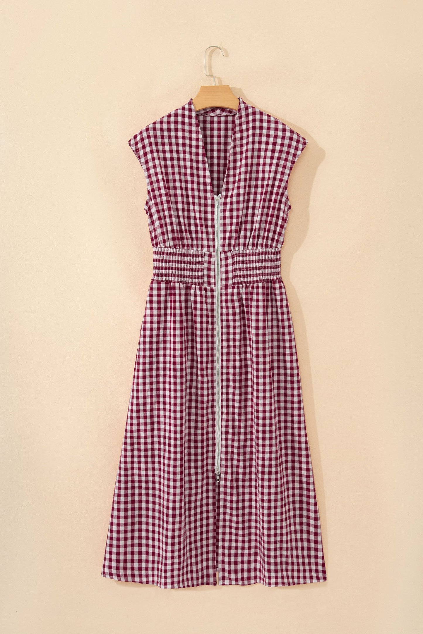 Gingham Plaid Zipped Cinched Waist Maxi Dress
