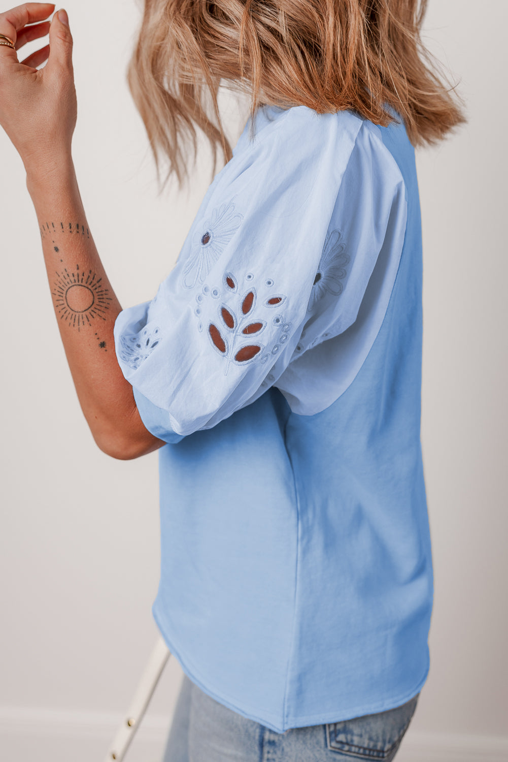 Floral Eyelet Embroidered Puff Short Sleeve Blouse