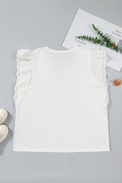 Plus Size Embroidered Eyelet Patchwork Short Sleeve Tee