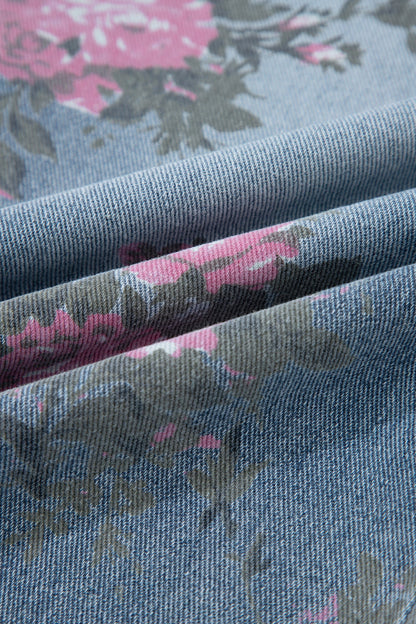 Floral Denim Elastic Waist Straight Leg Jeans