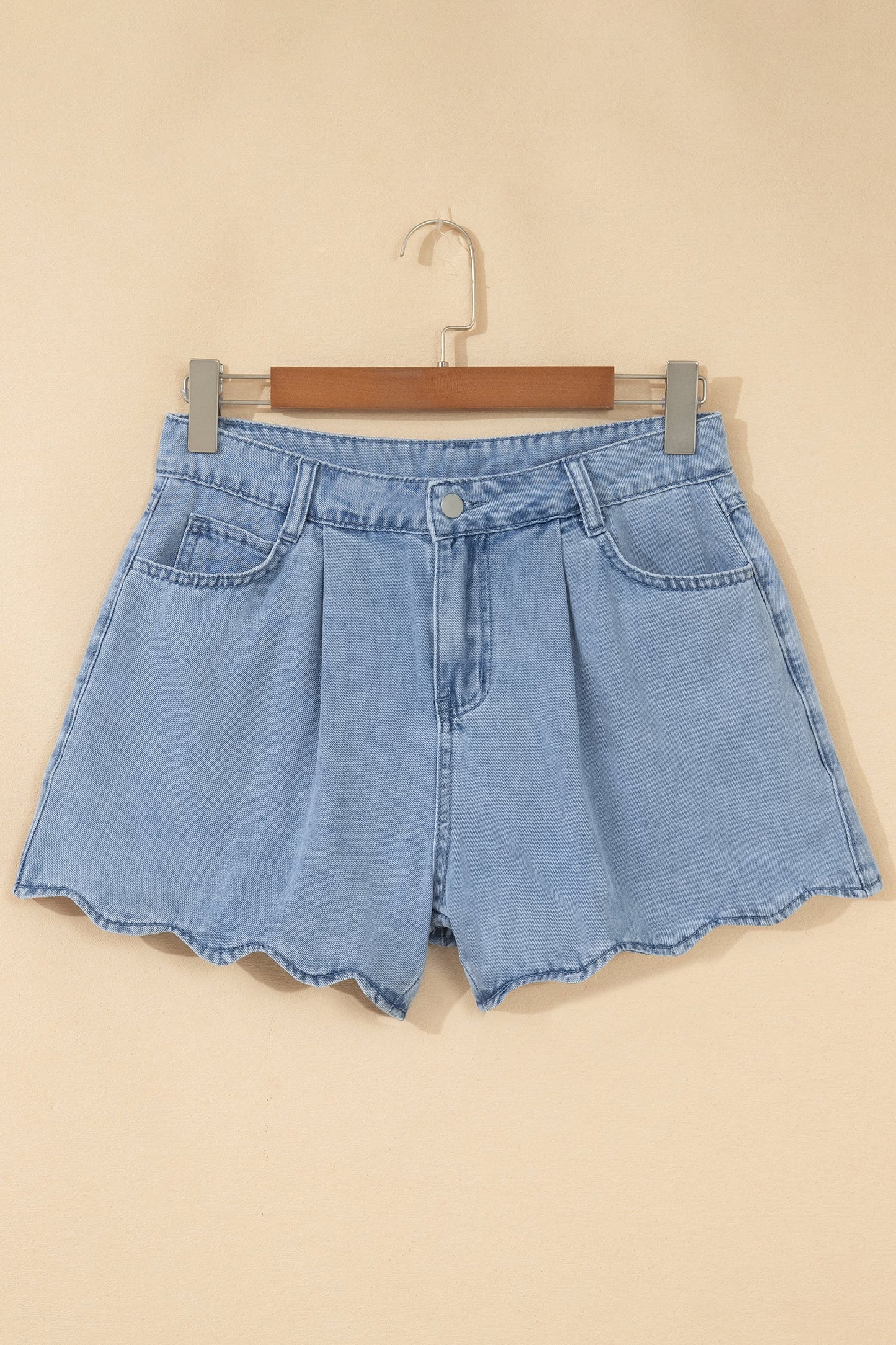 Solid Denim Scalloped Trim High Waist Shorts