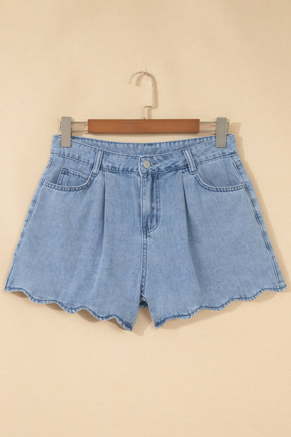 Solid Denim Scalloped Trim High Waist Shorts